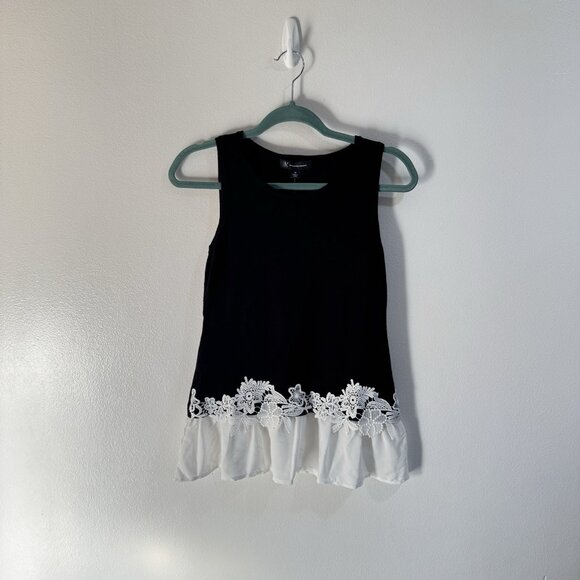 NWT INC International Concepts Tank Top Blouse XS Black White Ruffle Lace Floral - Picture 1 of 8